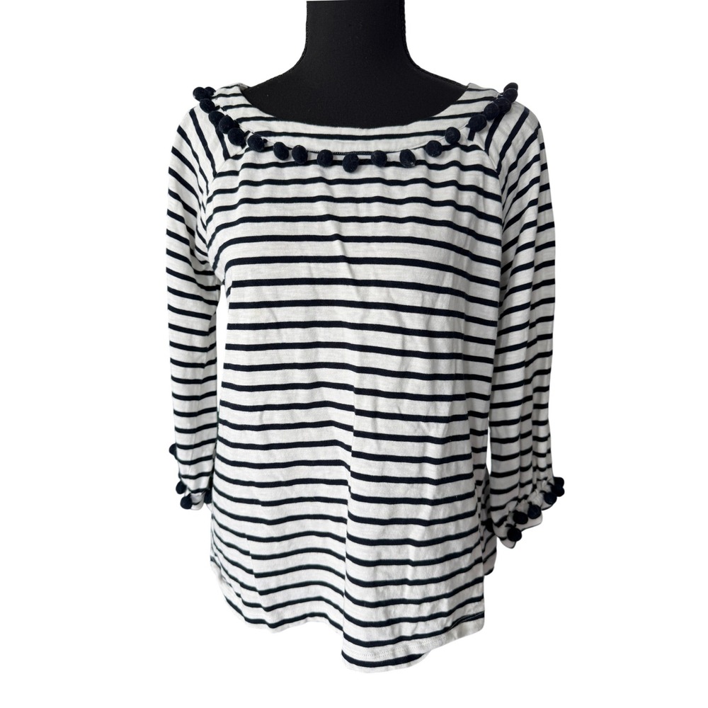 Boden Navy White Striped Pom Pom Trim‎ Cotton Top US 10 Nautical 3/4 Sleeve